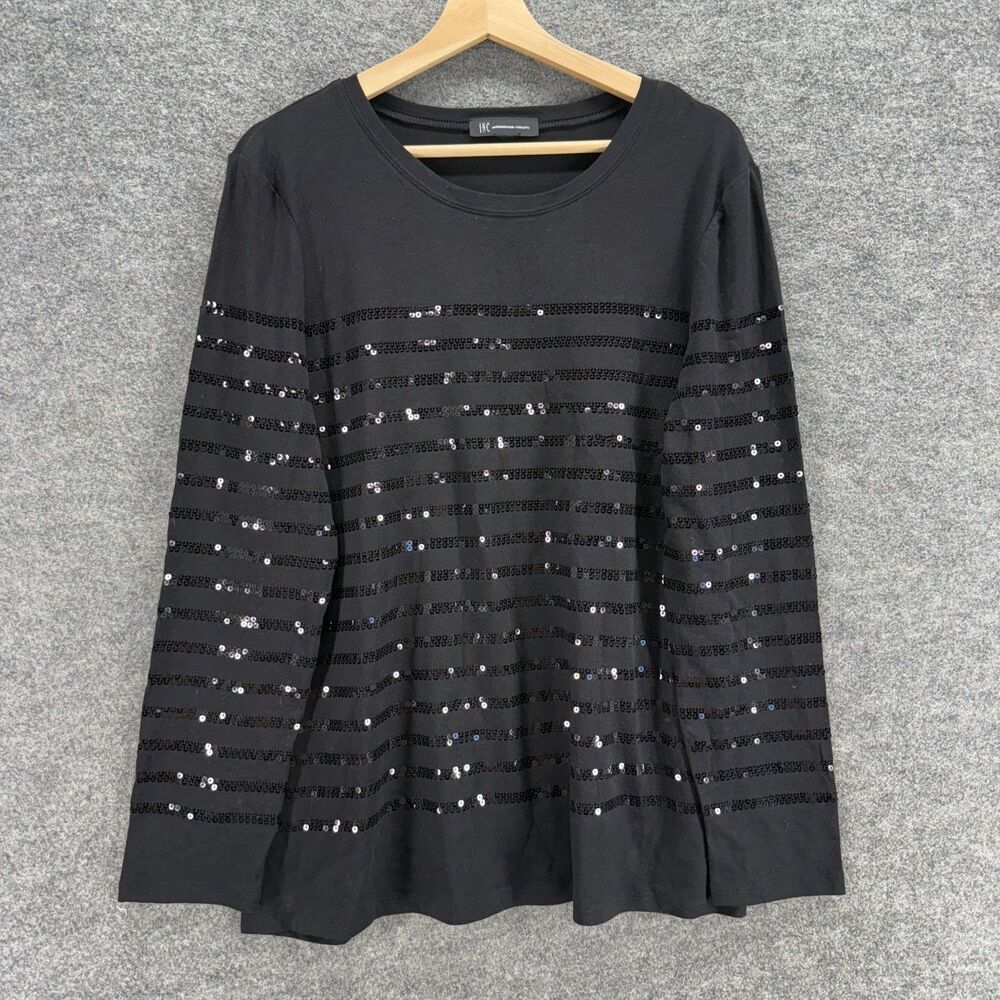 INC International Concepts Blouse Women M Medium Black Striped Sequin Casual
